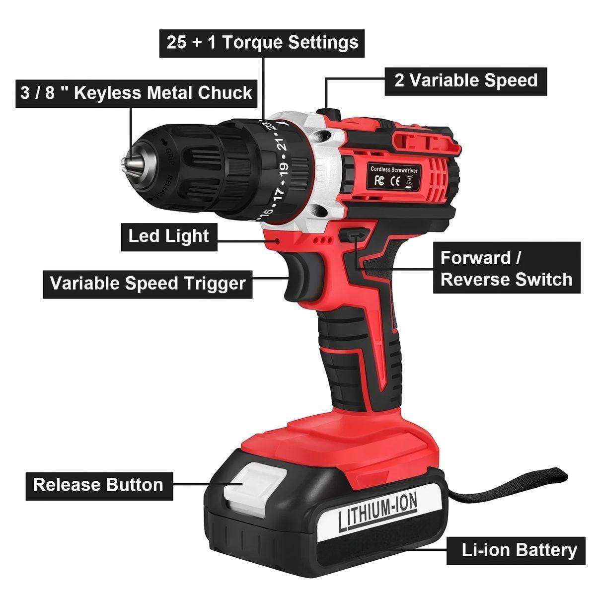 21V Cordless Lithium Impact Drill Set With Drill Bits, Gloves & Case - 29 Piece