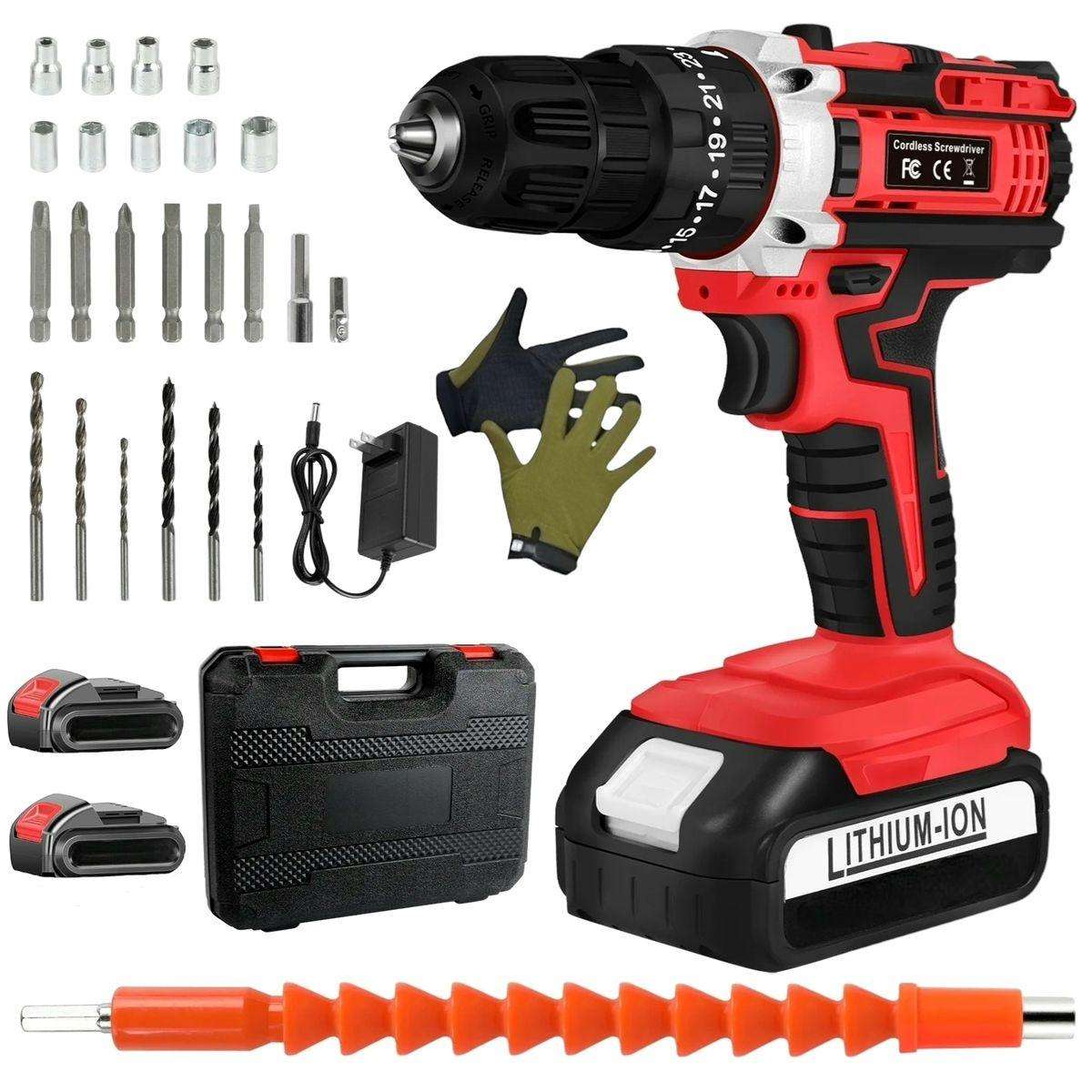 21V Cordless Lithium Impact Drill Set With Drill Bits, Gloves & Case - 29 Piece