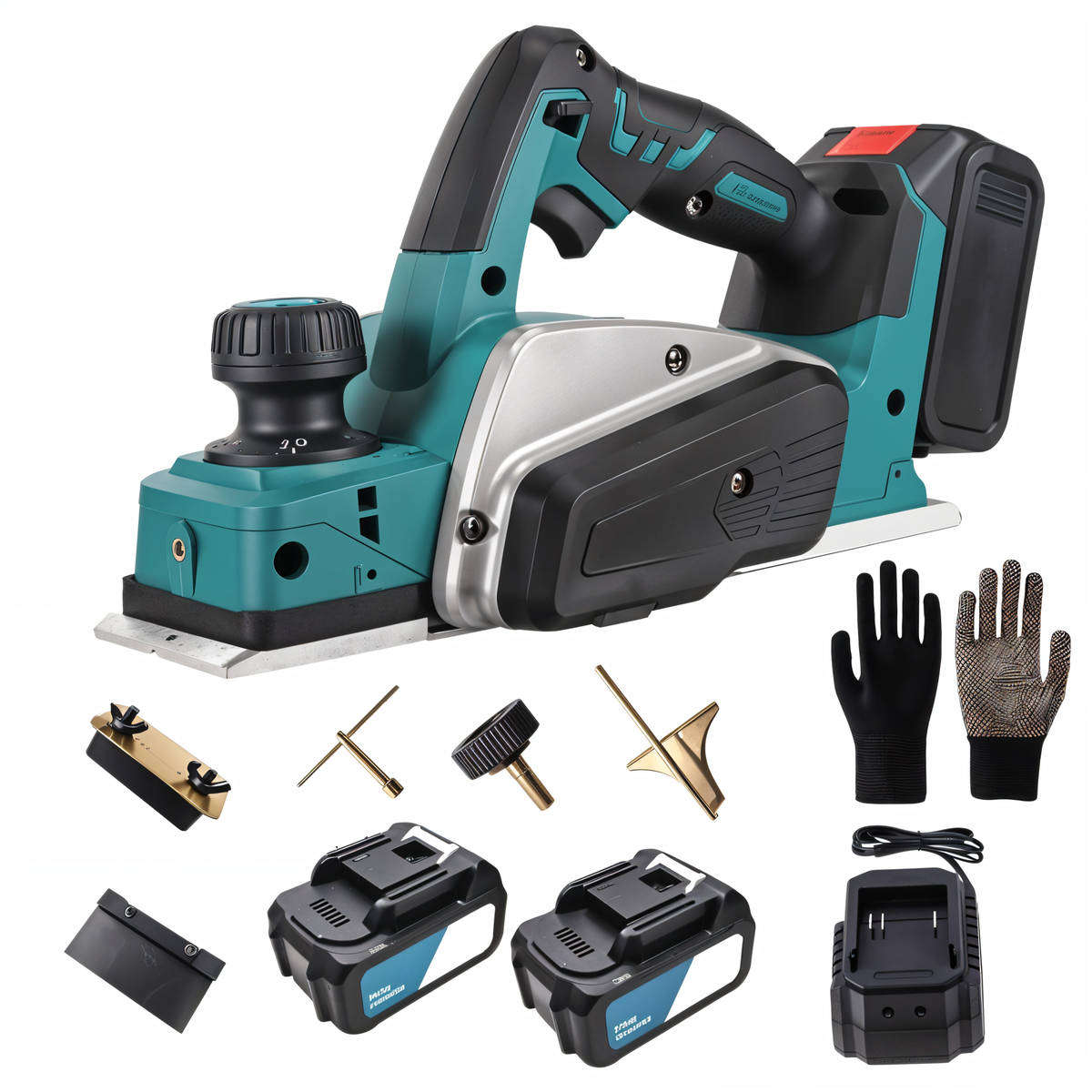 14500 RPM Handheld Electric Wood Planer, 2 Lithium Battery Packs & Gloves