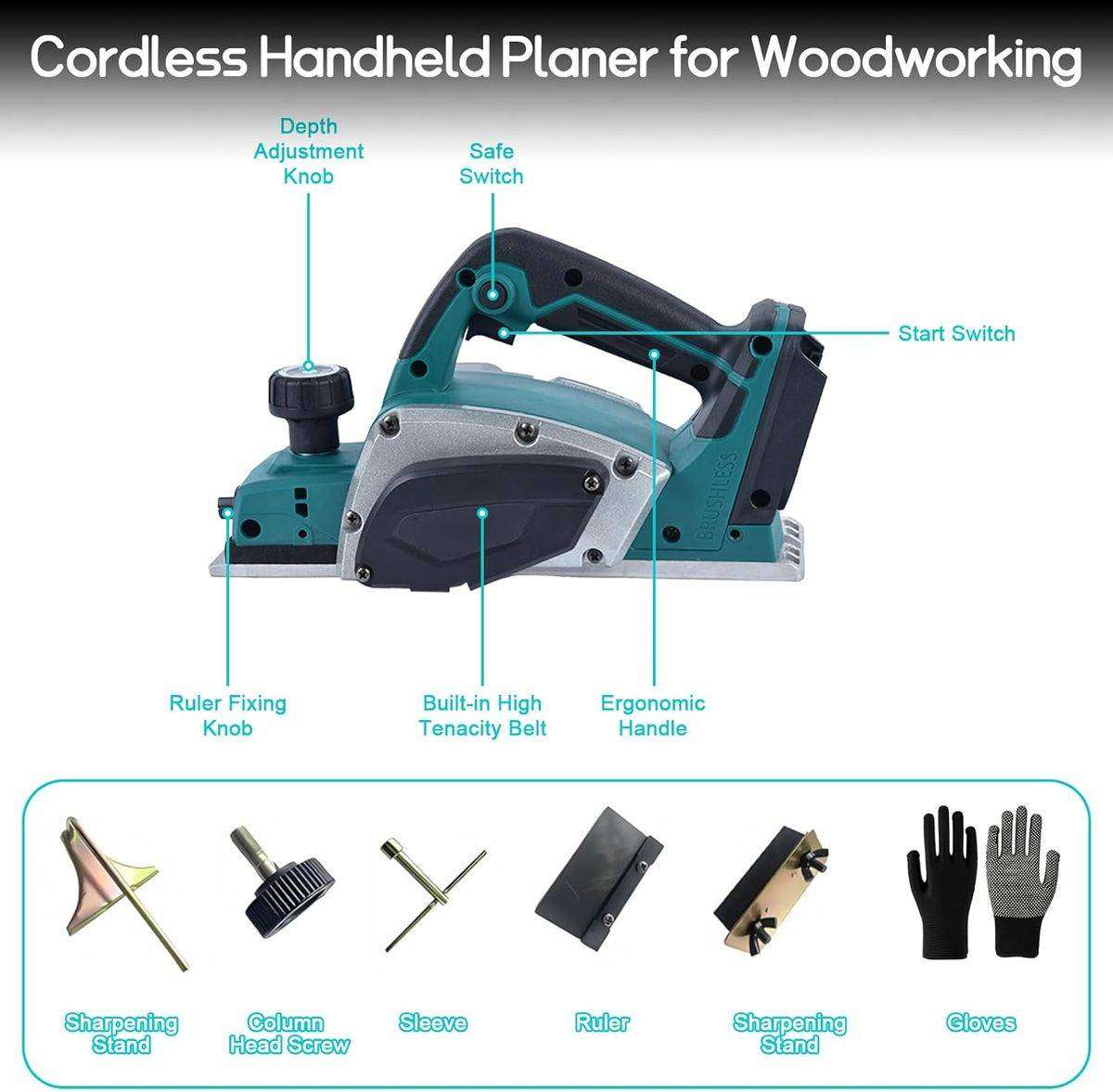 14500 RPM Handheld Electric Wood Planer, 2 Lithium Battery Packs & Gloves