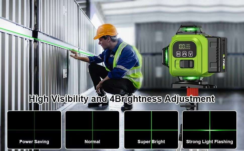 16 Line Laser Level Self Leveling 4D Green Cross Measuring Tool & Gloves