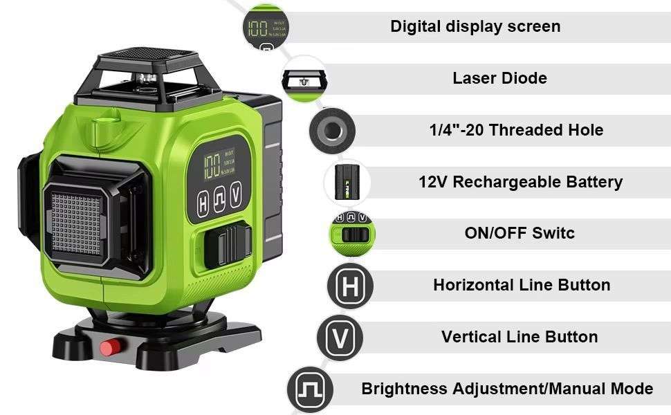 16 Line Laser Level Self Leveling 4D Green Cross Measuring Tool & Gloves