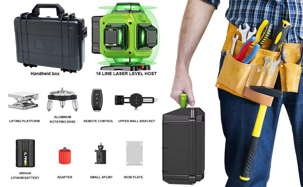 16 Line Laser Level Self Leveling 4D Green Cross Measuring Tool & Gloves