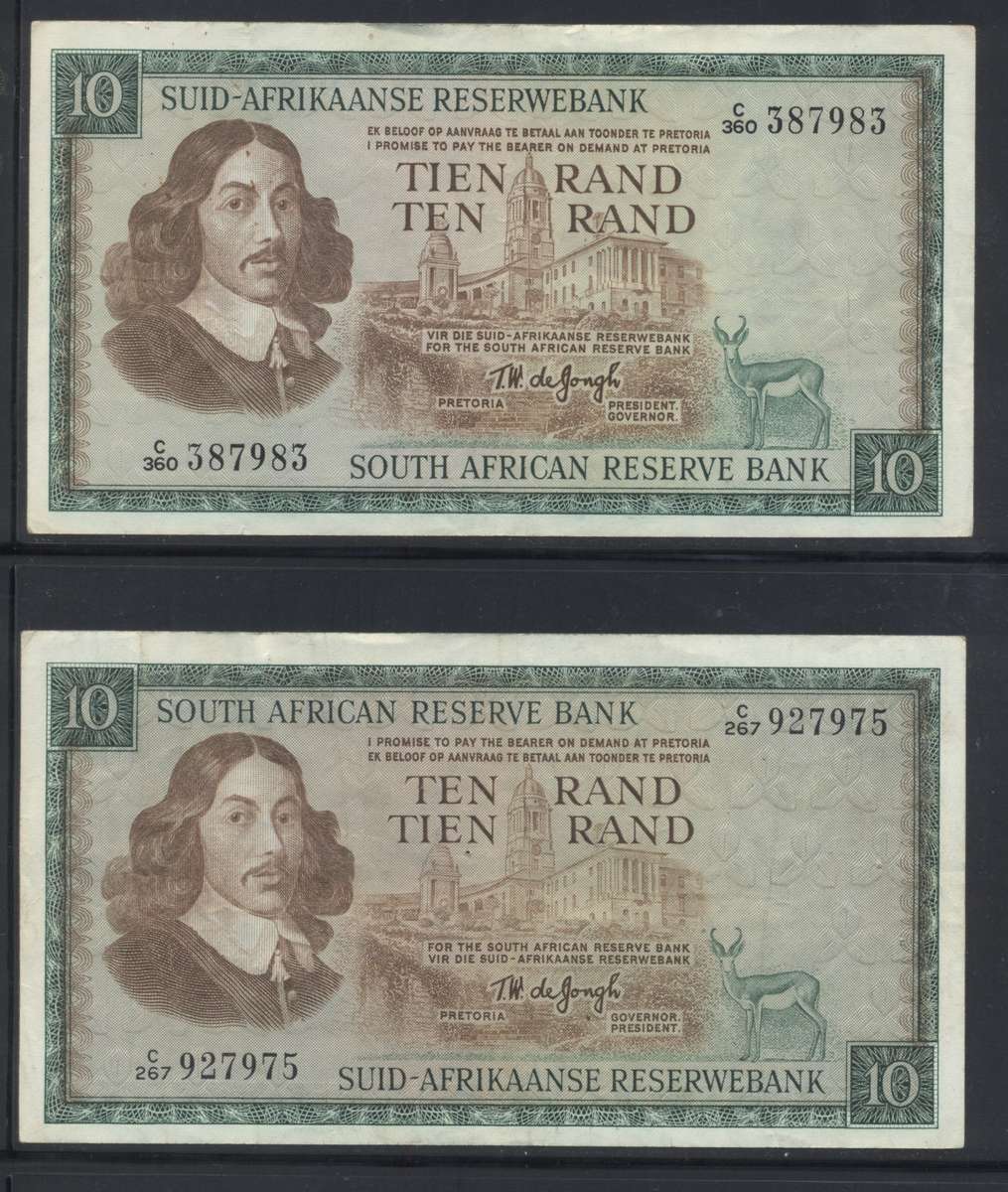 TW DE JONGH R10 x 2 - 1 with springbok wmk, 1 with V.Riebeek wmk - see images