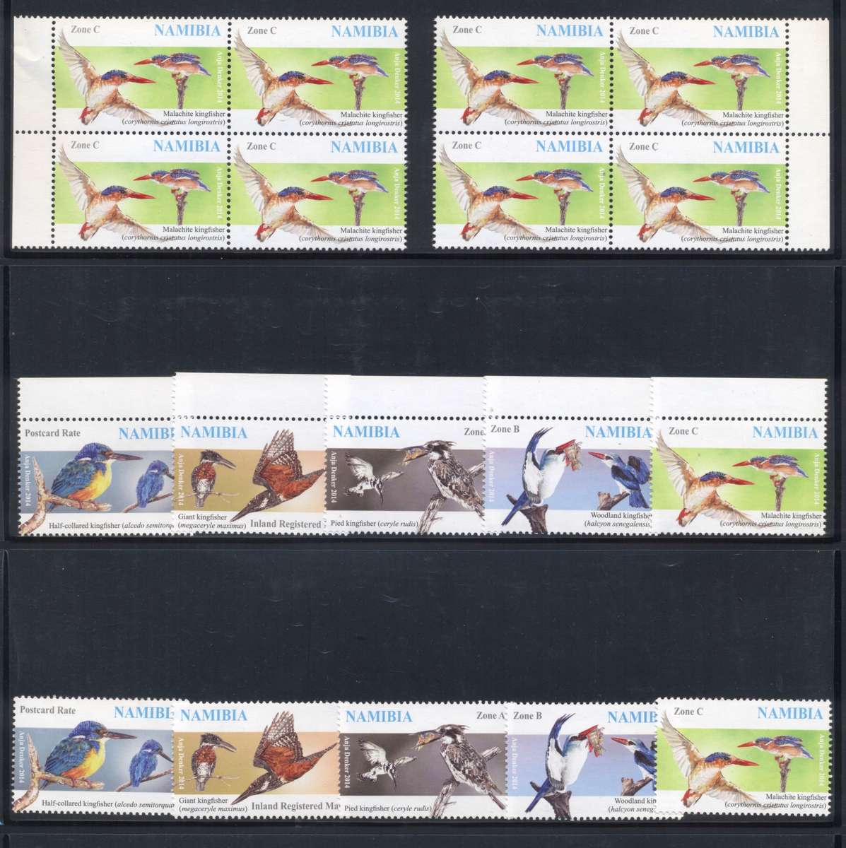 Namibia 2014 Kingfishers Superb sets in Marginal Blocks , Margin singles and singles