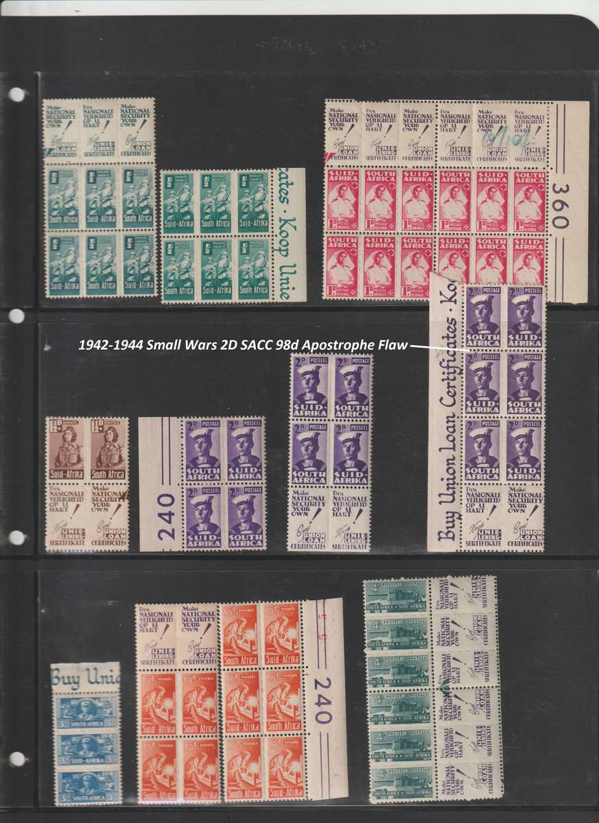 Union of South Africa 1942/44 Small Wars Control Blocks. 2D Apostrophe Flaw included (See Scans !!!)