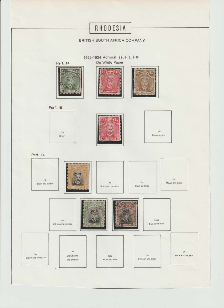 Southern Rhodesia 1913 - 1924 BSAC, Postage & Revenue "Admirals different Perfs . As received .