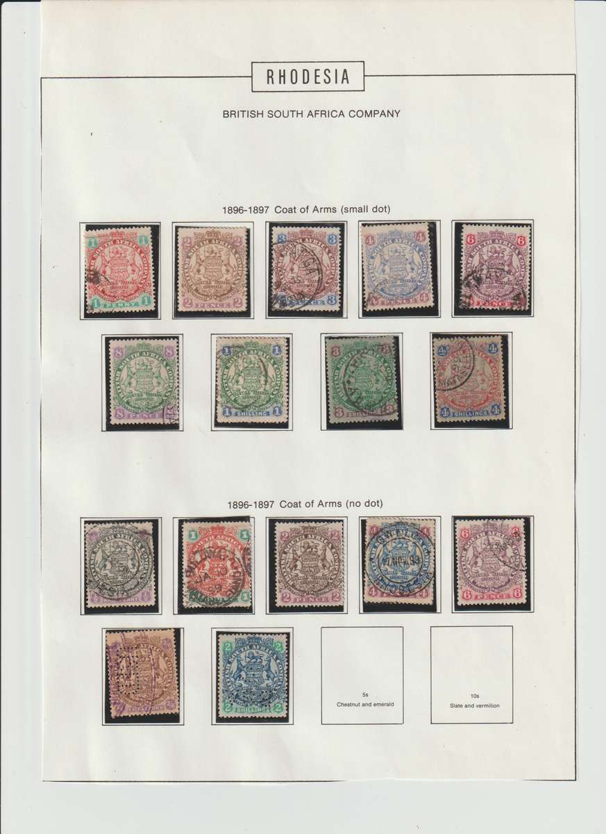 Rhodesia 18996 -1897 Definitive Issue Dot, No Dot & Redrawn type.  2 x perfins Good CV!!