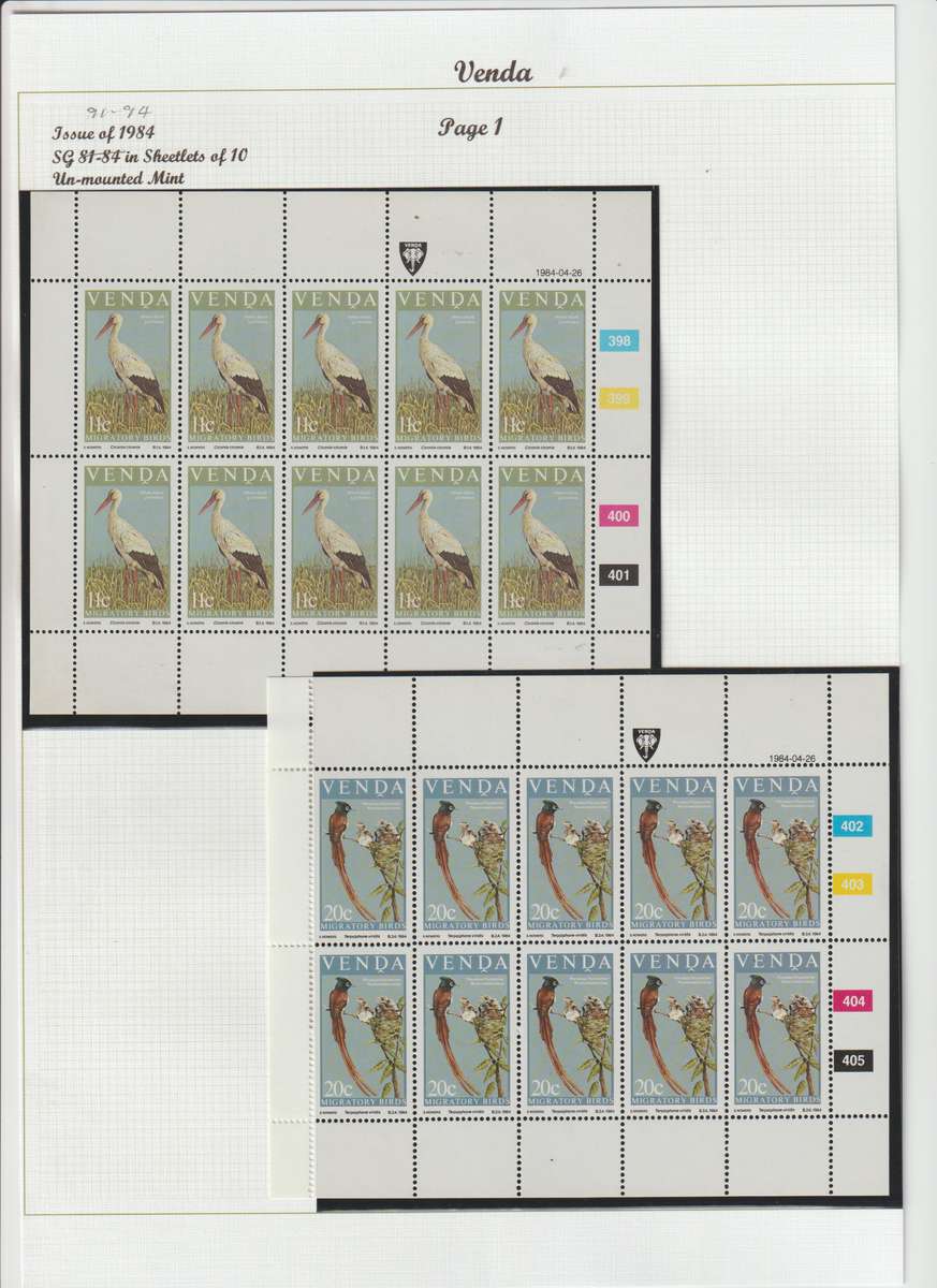 Venda 1983 - 1984 migratory birds & 1985 songbirds sheetlets of ten. CV 600.00