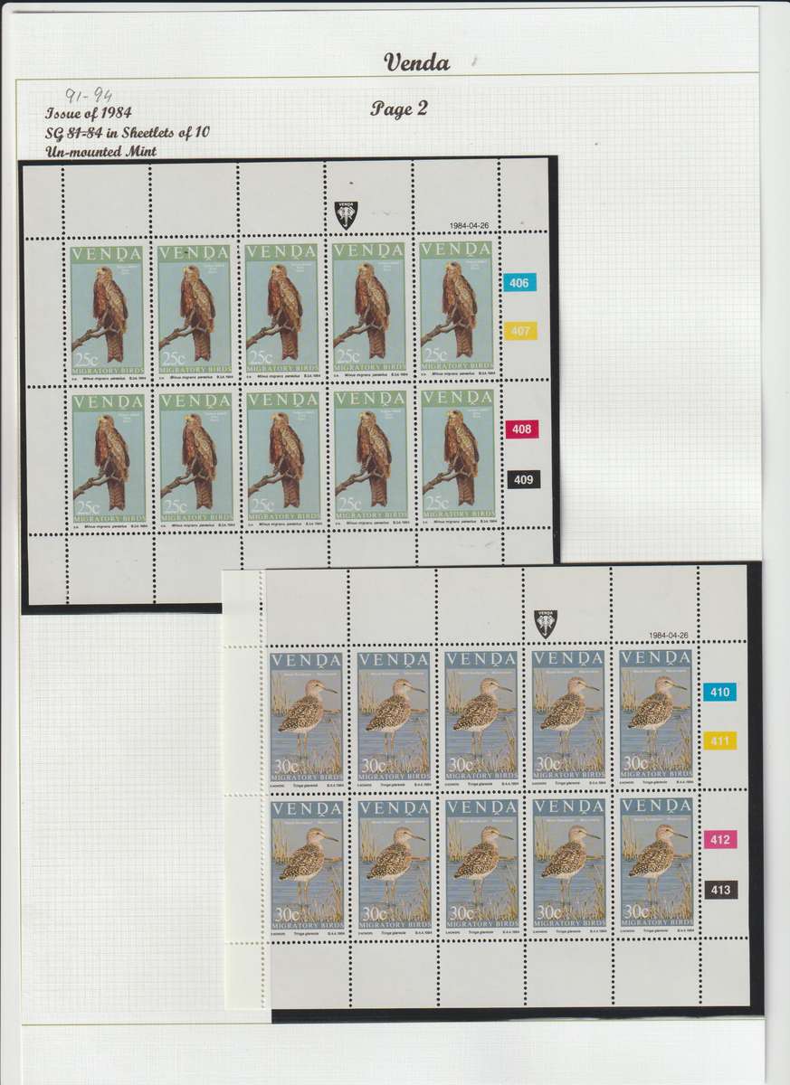Venda 1983 - 1984 migratory birds & 1985 songbirds sheetlets of ten. CV 600.00