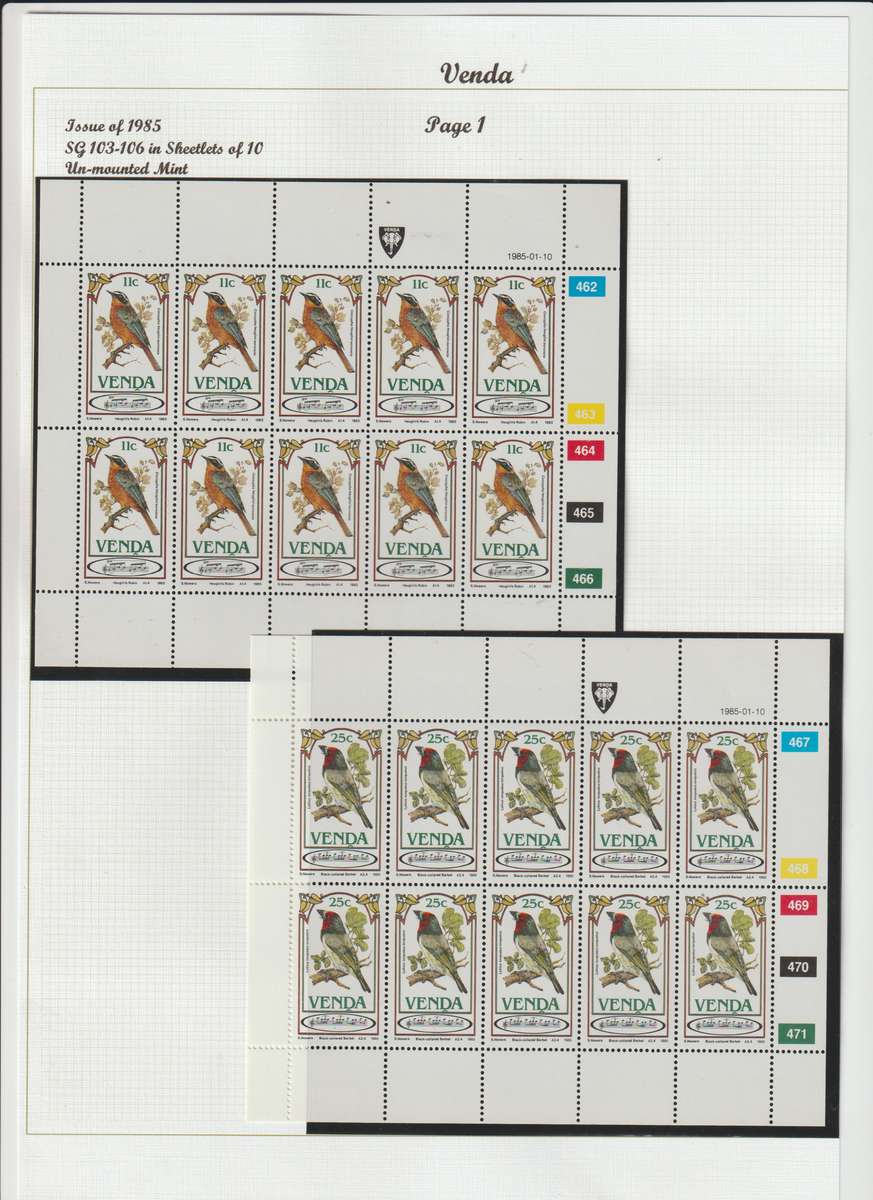 Venda 1983 - 1984 migratory birds & 1985 songbirds sheetlets of ten. CV 600.00