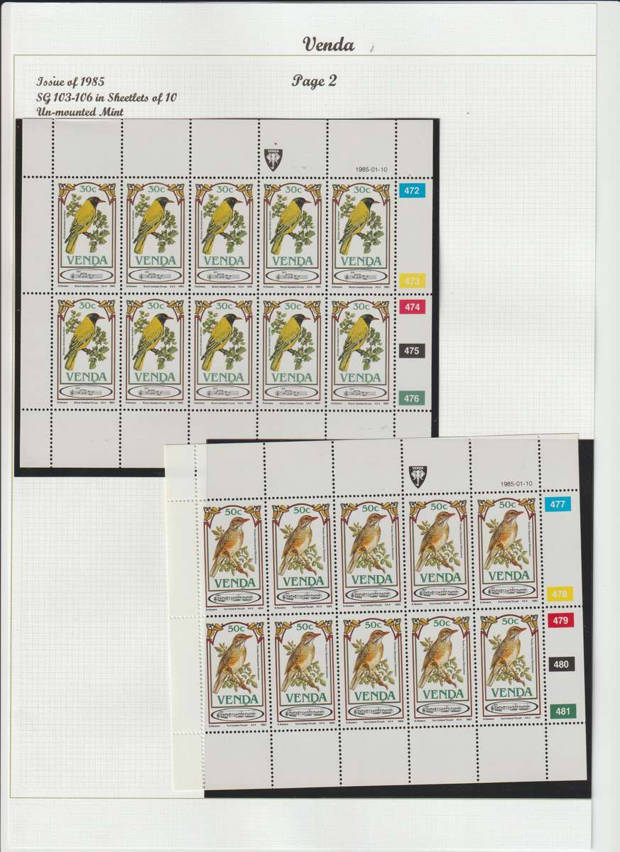 Venda 1983 - 1984 migratory birds & 1985 songbirds sheetlets of ten. CV 600.00