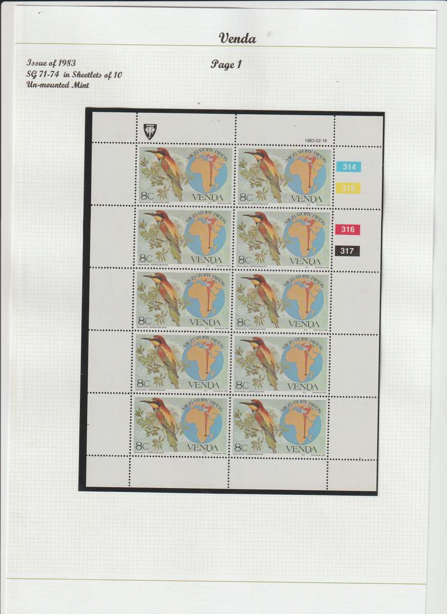 Venda 1983 - 1984 migratory birds & 1985 songbirds sheetlets of ten. CV 600.00