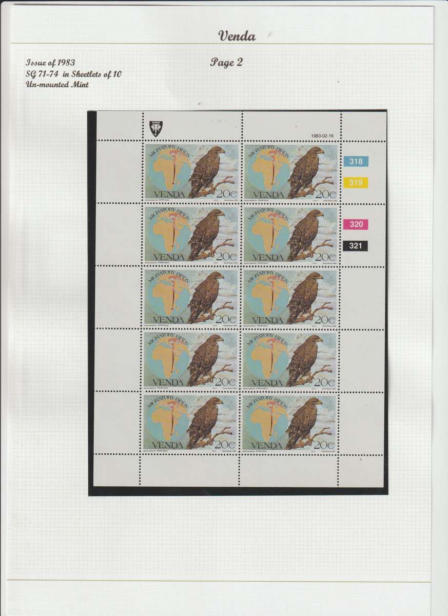 Venda 1983 - 1984 migratory birds & 1985 songbirds sheetlets of ten. CV 600.00