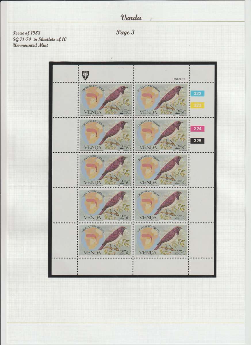 Venda 1983 - 1984 migratory birds & 1985 songbirds sheetlets of ten. CV 600.00