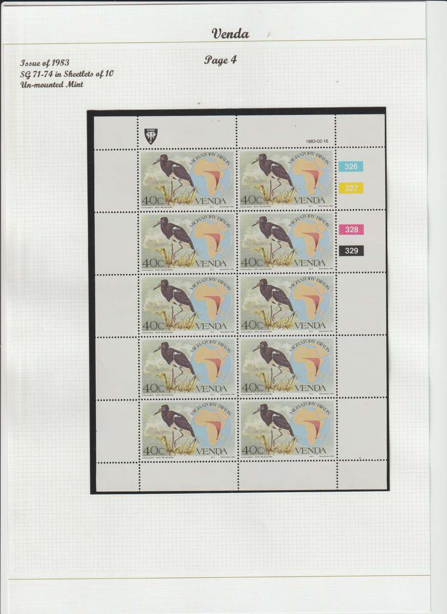 Venda 1983 - 1984 migratory birds & 1985 songbirds sheetlets of ten. CV 600.00