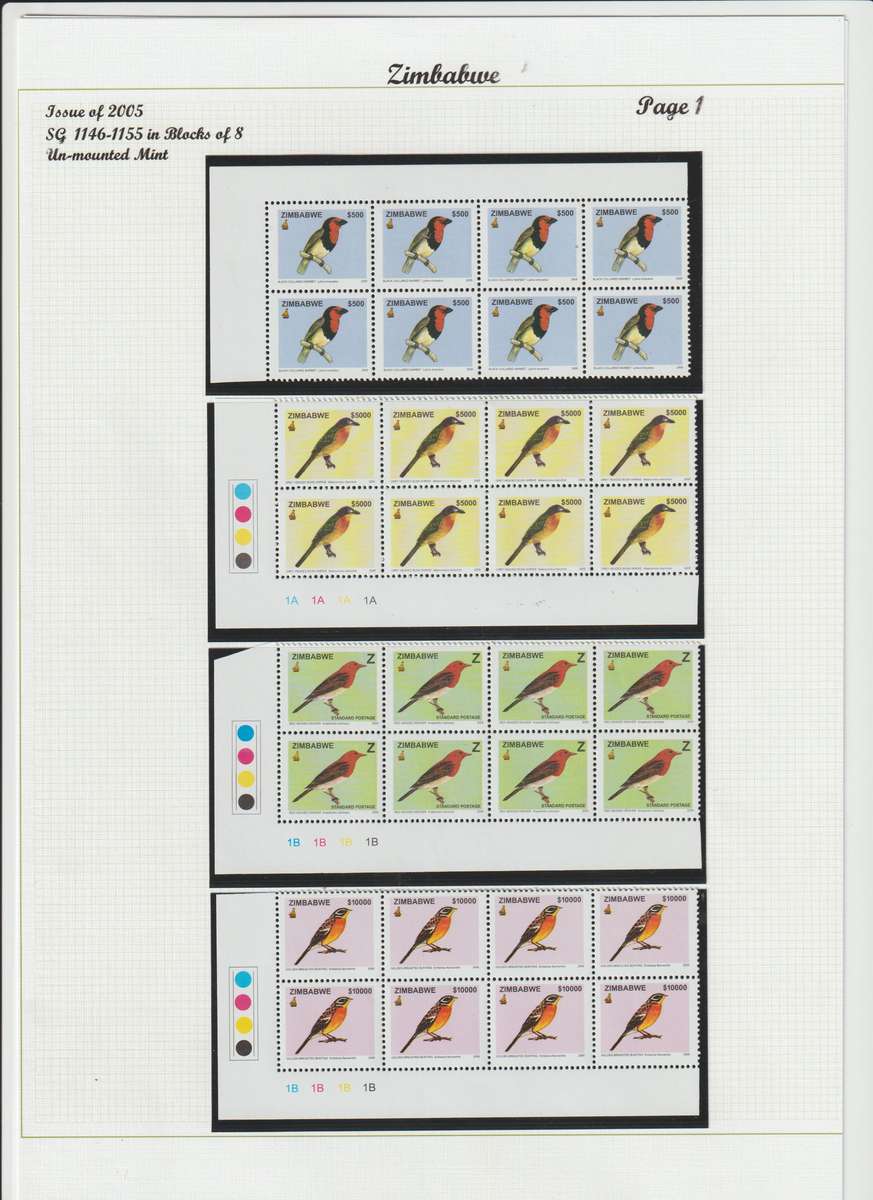 Zimbabwe 2005 Birds of Zimbabwe 1st series $ 500.00 -$ 100000.00 corner blocks of 8. See Scans