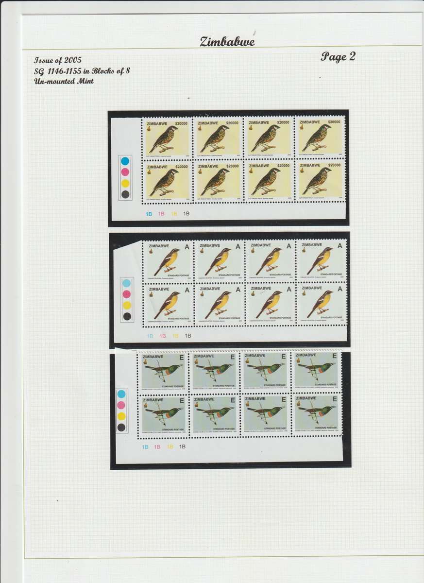 Zimbabwe 2005 Birds of Zimbabwe 1st series $ 500.00 -$ 100000.00 corner blocks of 8. See Scans