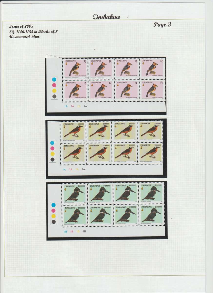Zimbabwe 2005 Birds of Zimbabwe 1st series $ 500.00 -$ 100000.00 corner blocks of 8. See Scans