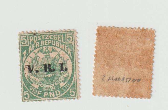 1900 Second British O/P 5-pound Stamp, assumed Spiro Forgery. Some Toning. See Scans!!!