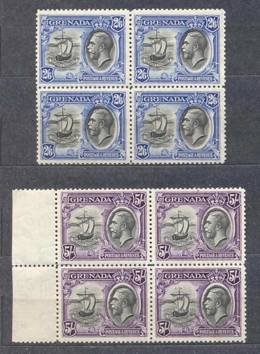 Grenada 1934 KGV Pictoral issue top 2 values in superb blocks ! 2/6 & 5S - See description