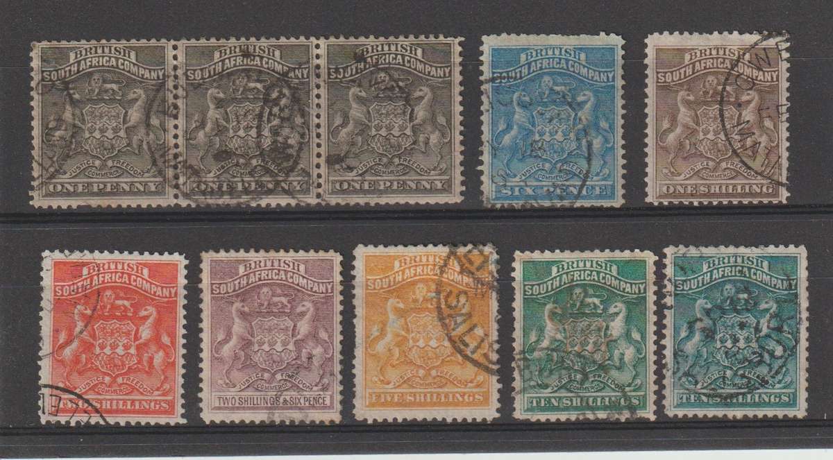 Rhodesia BSAC 1892 + 10S 1898 selection . Used CV + R 7000.00. See Scans.