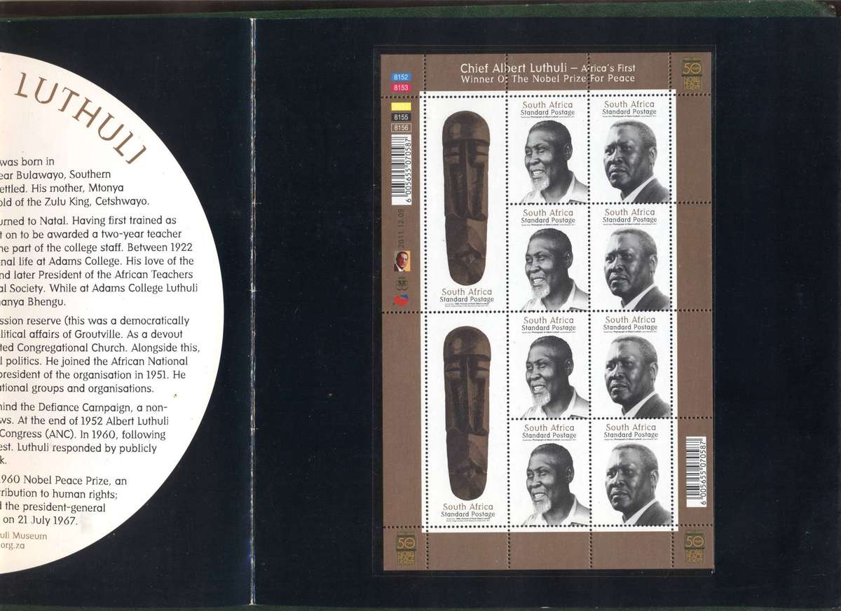 RSA 2011 Albert Luthuli Nobel Prize presentation folder with sheetlet - fresh