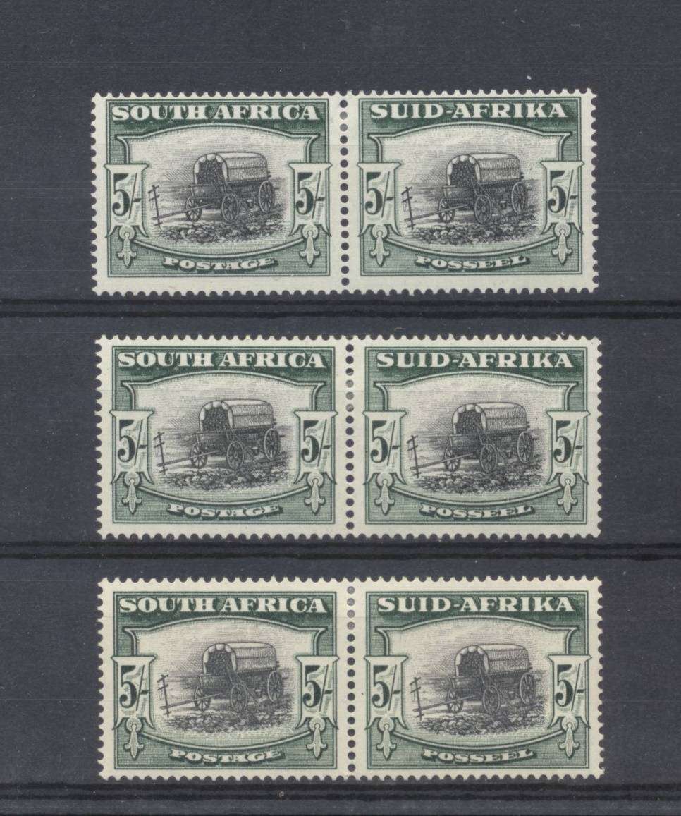 1947/54 CC 121a Black & Deep Yellow Green 5s pairs x 3 - Mint Light Hinge CV R 4500