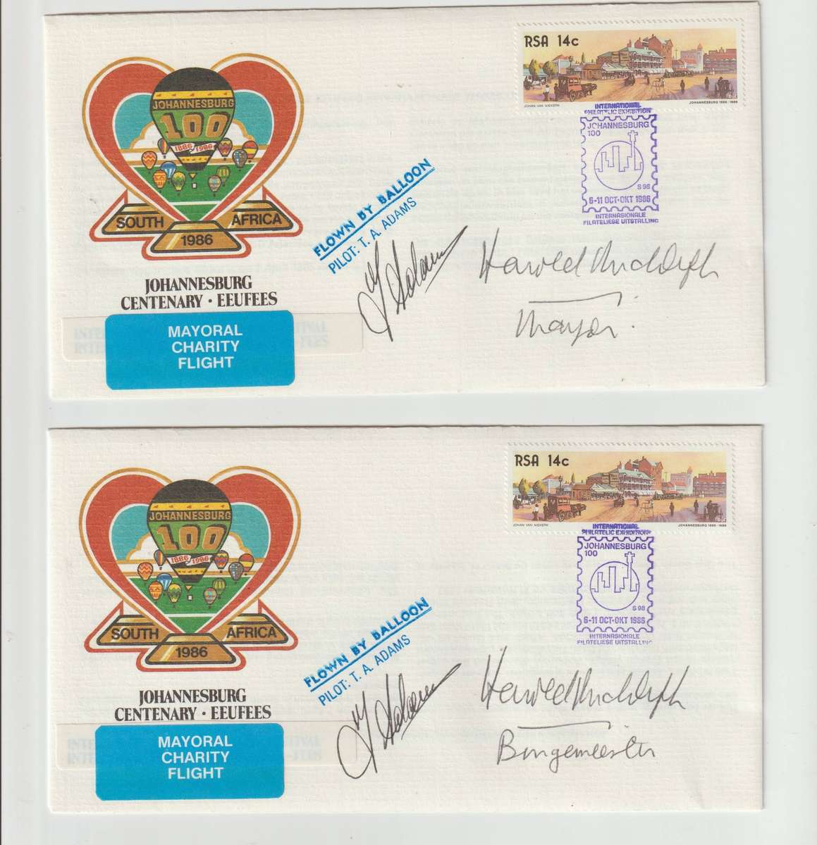 RSA 1988 Johannesburg Centenary 2 FDC'S .  1 Signed English, 1 Signed Afrikaans.  See Scan.