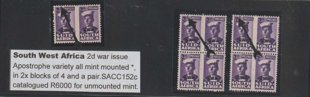 1943 - 1944 SWA 2d Apostrophe flaw 3x pairs *M CV R 6000.00. See Scan.