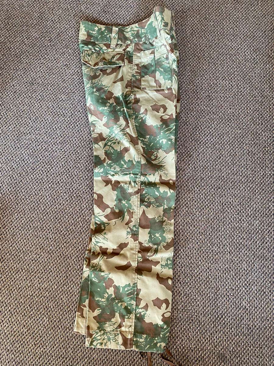 POLICE SPECIAL TASK FORCE-2ND PATTERN CAMO TROUSERS-SIZE 32-LABELLED AND DATED 1993-PIPE LENGTH 77CM