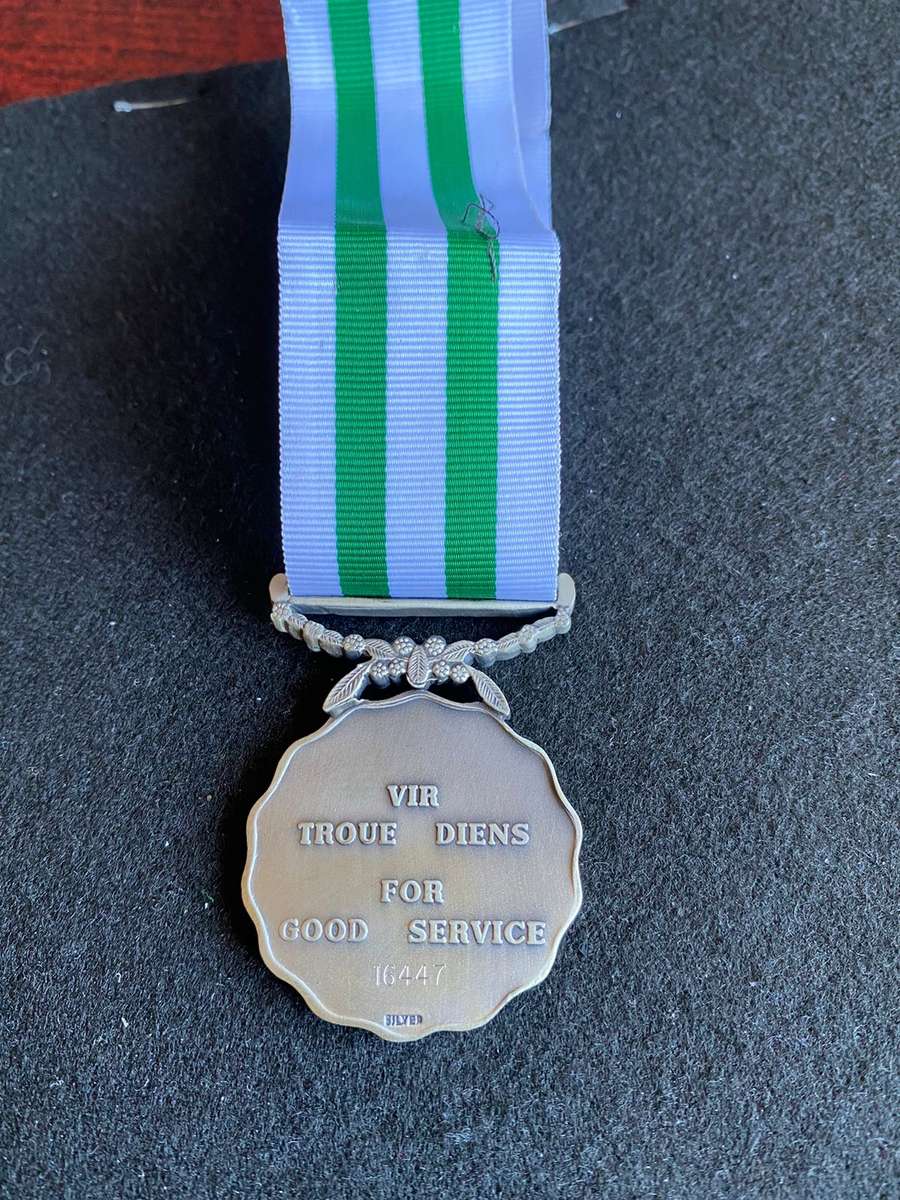 SADF GOOD SERVICE MEDAL-FULL SIZE-SILVER(MARKED)1975 FOR 20 YEARS SERVICE -NUMBERED