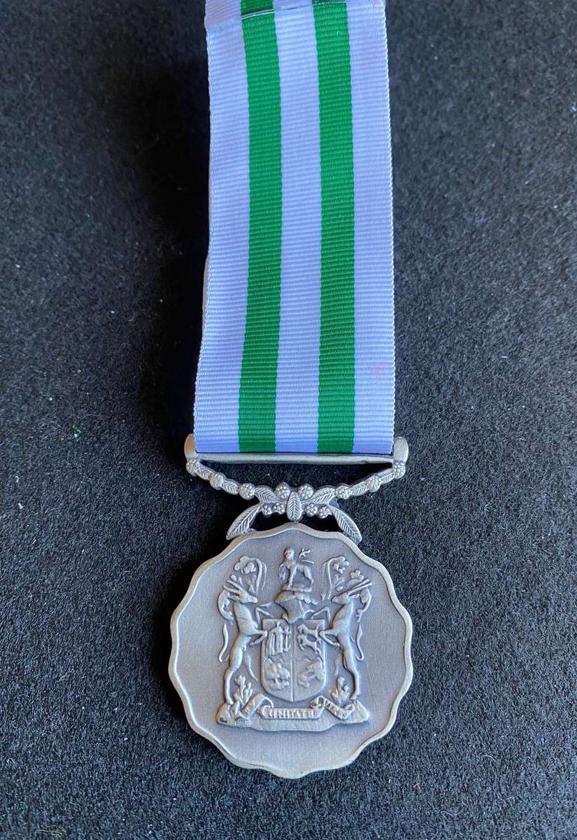 SADF GOOD SERVICE MEDAL-FULL SIZE-SILVER(MARKED)1975 FOR 20 YEARS SERVICE -NUMBERED