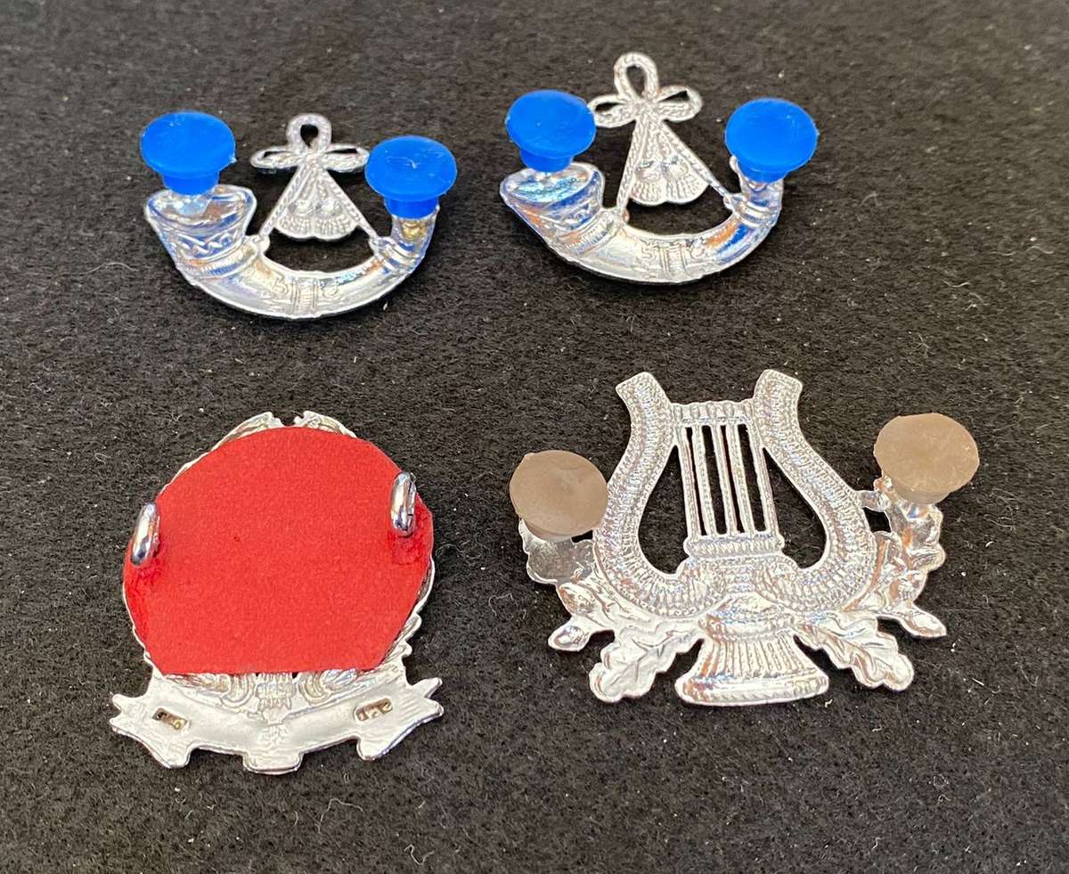 ARMY BAND SELECTION OF CHROME BADGES-4 IN TOTAL-ALL PINS +LUGS COMPLETE