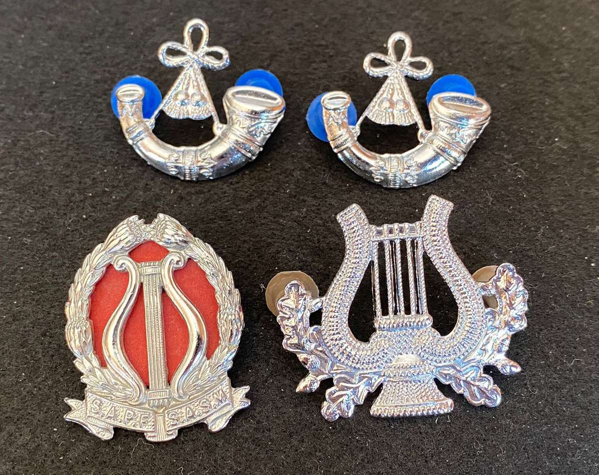 ARMY BAND SELECTION OF CHROME BADGES-4 IN TOTAL-ALL PINS +LUGS COMPLETE