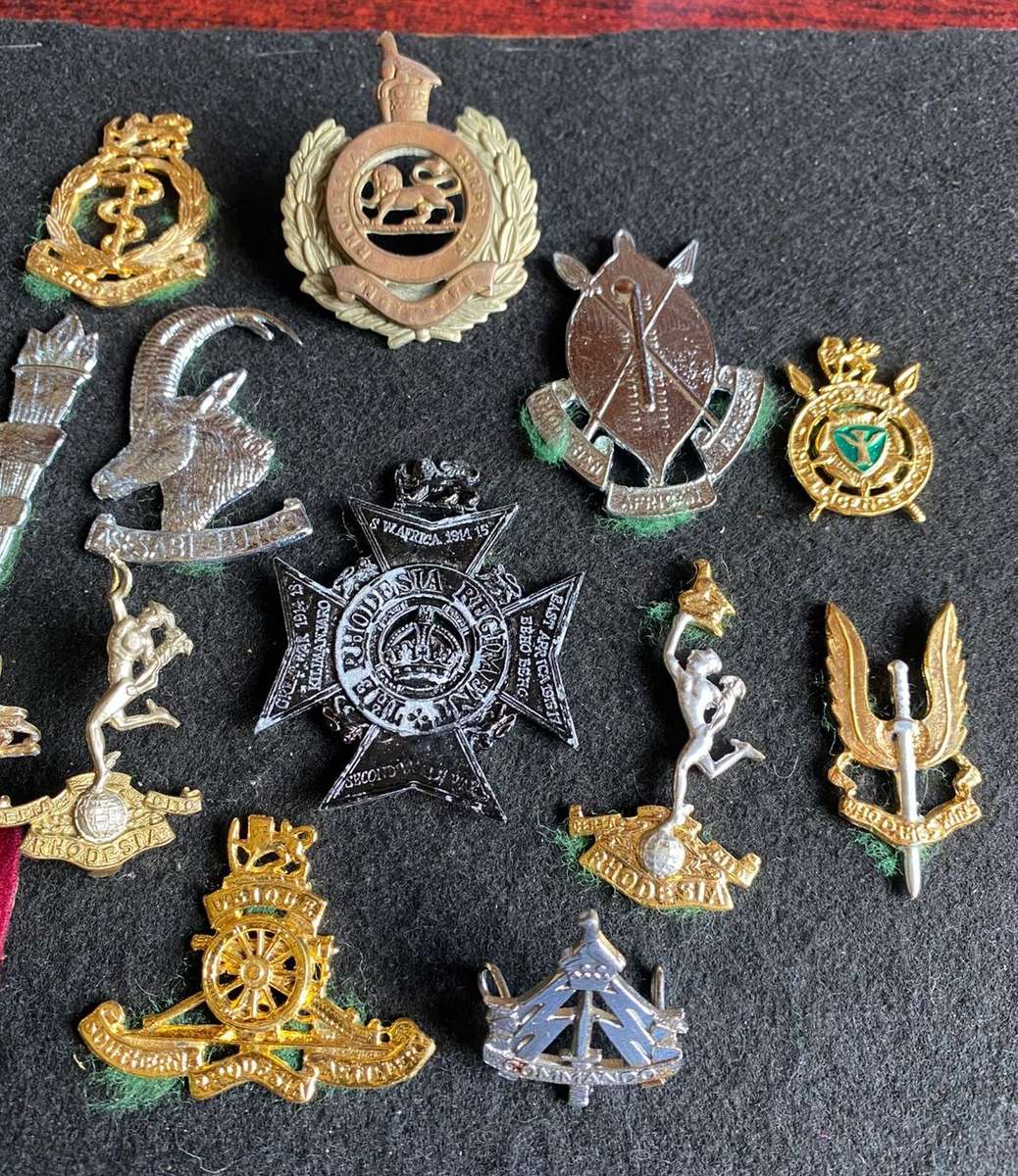 SELECTION OF RHODESIAN BADGES- SOLD TOGETHER- MOST WITHOUT LUGS- 15 IN TOTAL