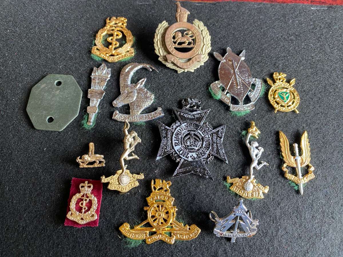 SELECTION OF RHODESIAN BADGES- SOLD TOGETHER- MOST WITHOUT LUGS- 15 IN TOTAL