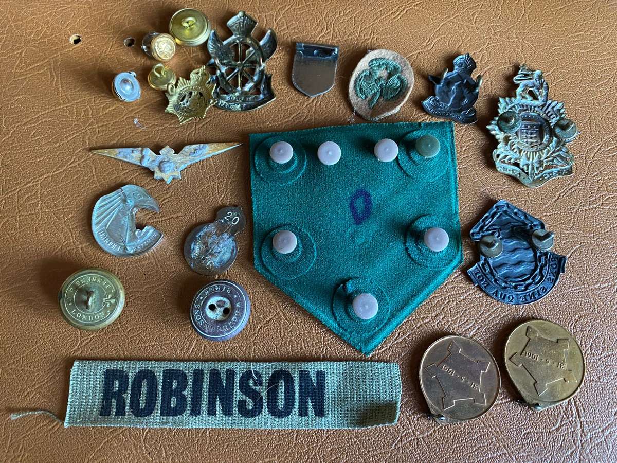 LARGE SELECTION OF BADGES RANKS,BUTTONS AND COINS-SOLD TOGETHER- 20 IN TOTAL