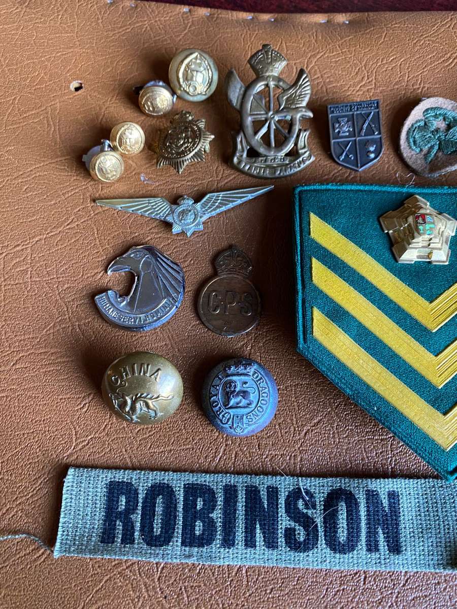 LARGE SELECTION OF BADGES RANKS,BUTTONS AND COINS-SOLD TOGETHER- 20 IN TOTAL