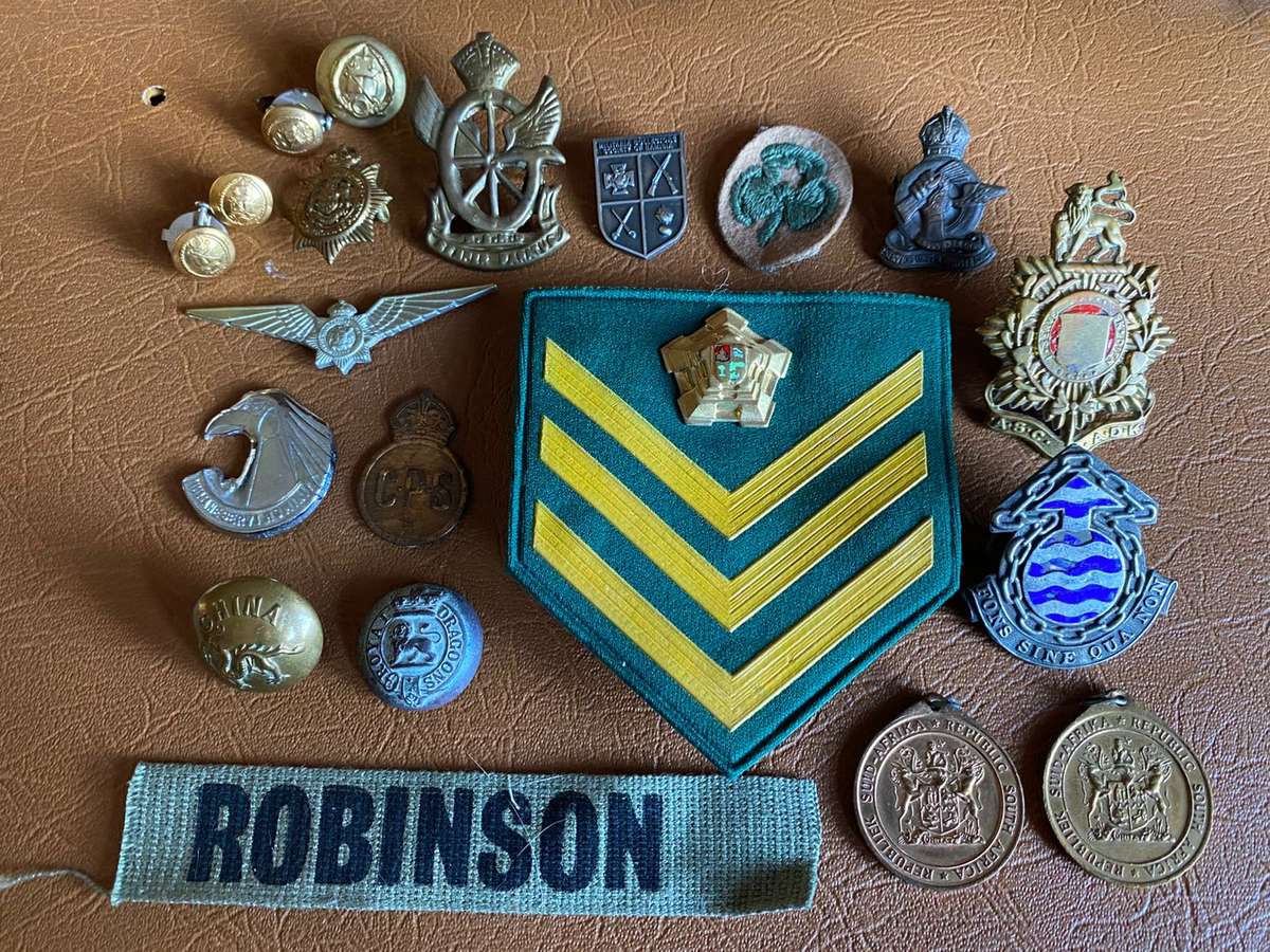 LARGE SELECTION OF BADGES RANKS,BUTTONS AND COINS-SOLD TOGETHER- 20 IN TOTAL