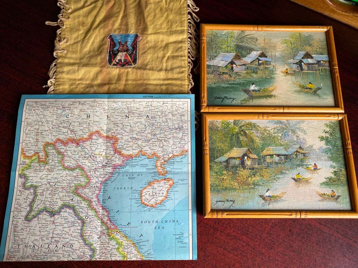 A BANNER WITH A WOVEN PATCH FOR THE VIETENAM WAR ARVN(ARMY OF THE REP. OF VIETNAM)AIR FORCE SURVEILL