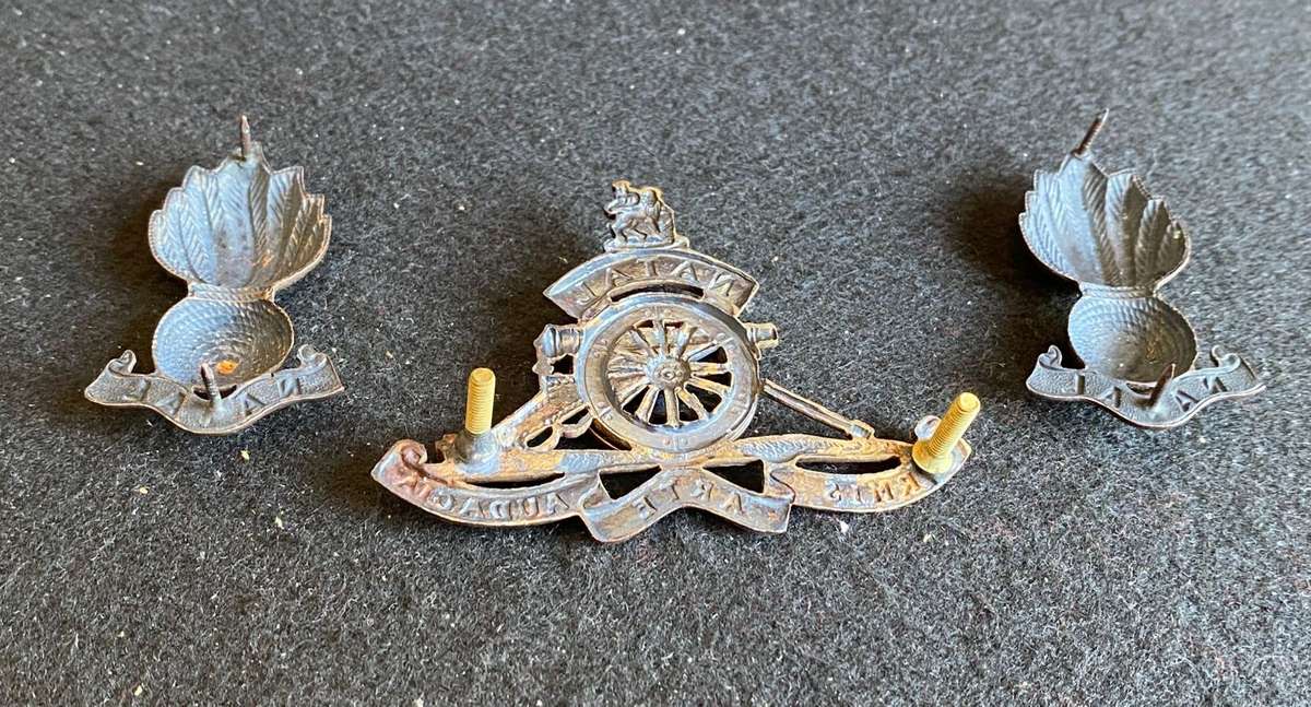 NATAL FIELD ARTILLERY CAP AND COLLARS-WORN 1920'S-1940-LUGS + PINS COMPLETE
