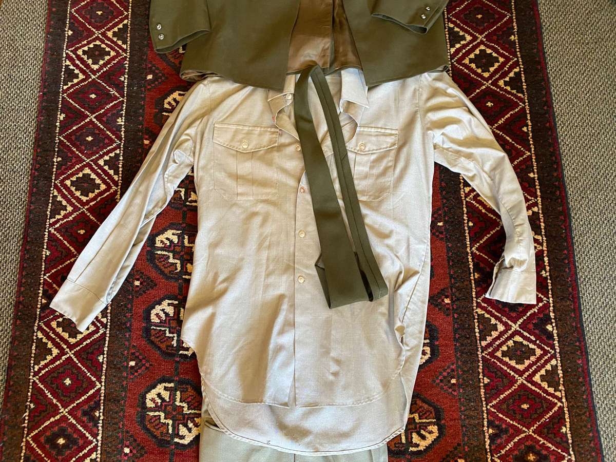 SADF STEPOUT UNIFORM TROUSERS (SIZE 32) SHIRT (SIZE MEDIUM-MEASURES 55CM ARMPIT TO ARMPIT)-JACKET,SI