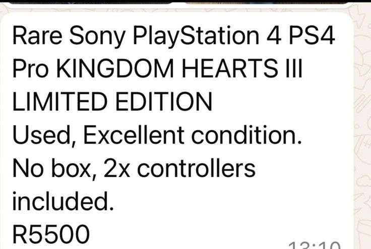 RARE SONY PLAYSTATION 4 PS4 PRO KINGDOM HEARTS 111-LIMITED EDITION- NO BOX, 2X CONTROLLERS INCLUDED