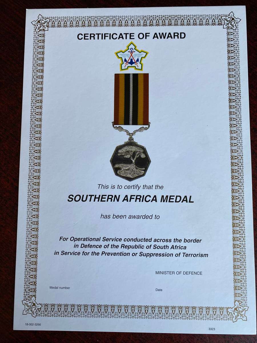 ORIGINAL SADF BLANK MEDAL CERTIFICATE