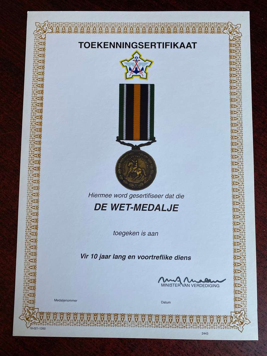 ORIGINAL SADF BLANK MEDAL CERTIFICATE