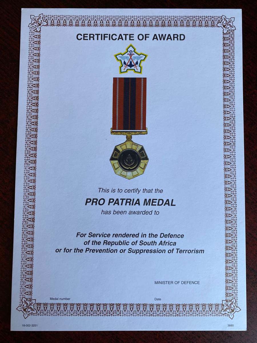 ORIGINAL SADF BLANK MEDAL CERTIFICATE