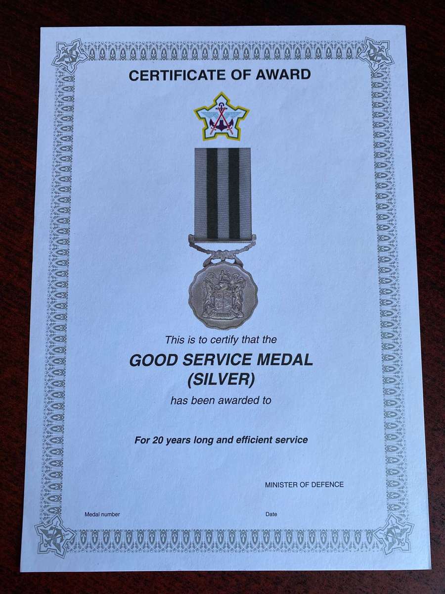 ORIGINAL SADF BLANK MEDAL CERTIFICATE