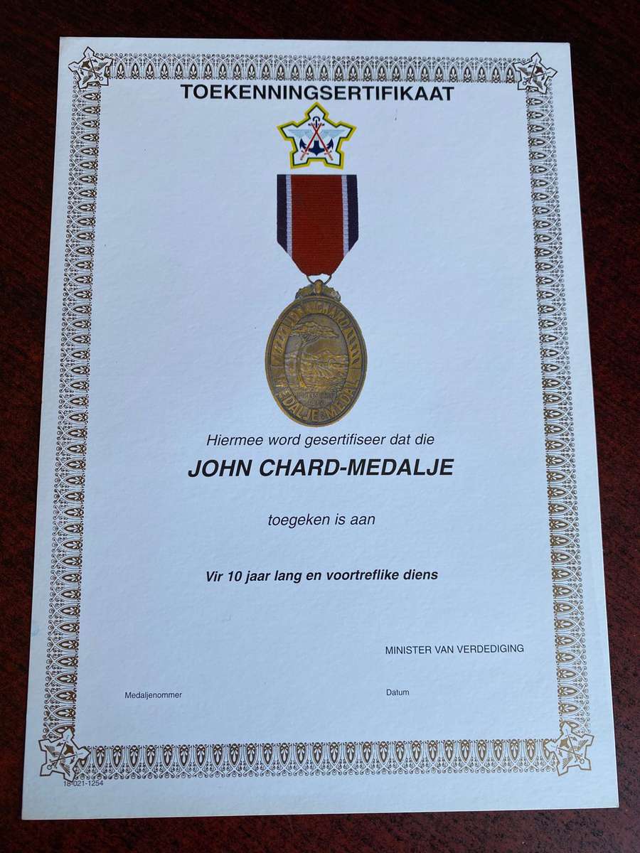 ORIGINAL SADF BLANK MEDAL CERTIFICATE