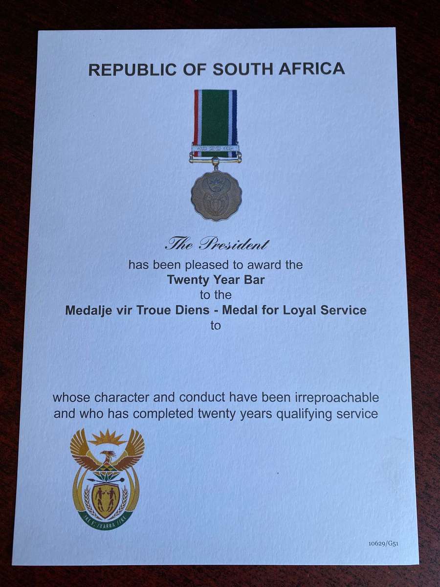 ORIGINAL SADF BLANK MEDAL CERTIFICATE